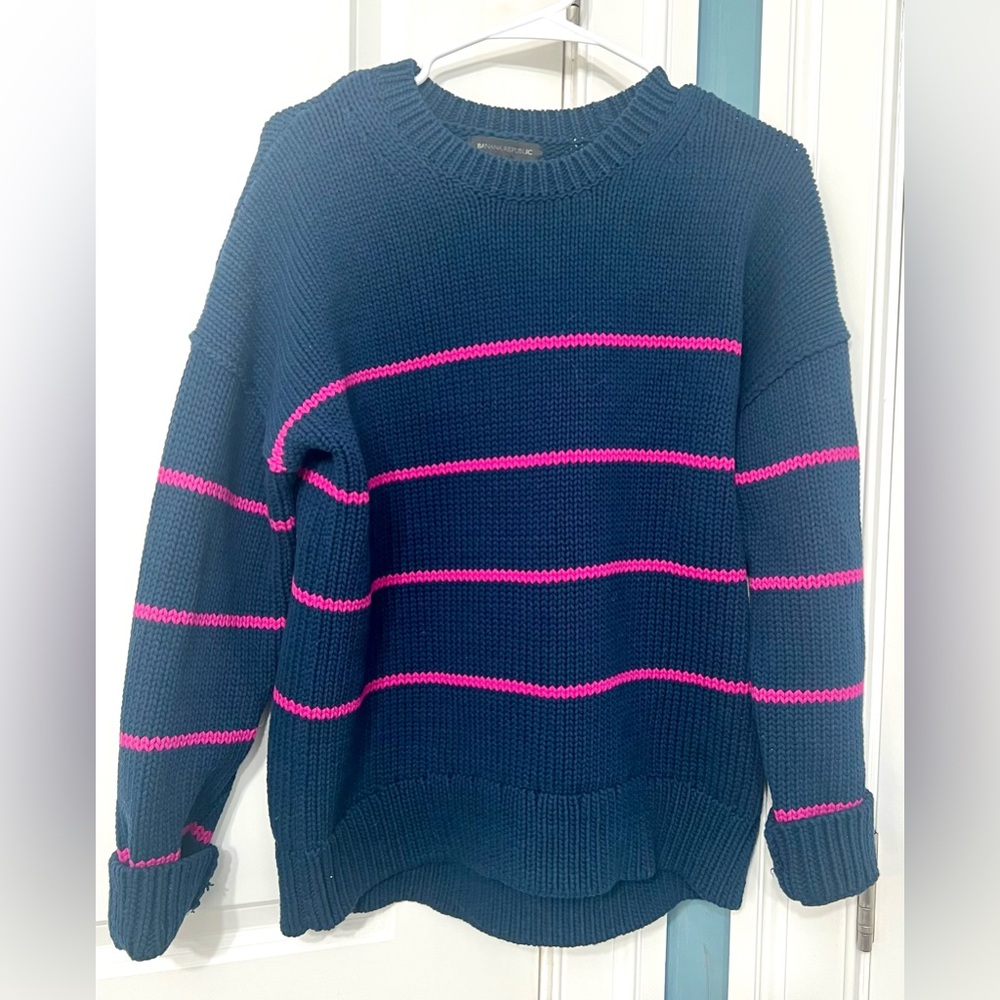 Banana Republic Heavy Soft Navy Sweater with Pink Stripes